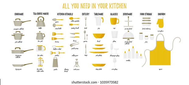 Vector kitchen tools set. Kitchenware collection in flat cartoon style. Dinnerware, tableware, utensils, cutlery. Modern flat design for web banners, web sites, printed materials, infographics. 