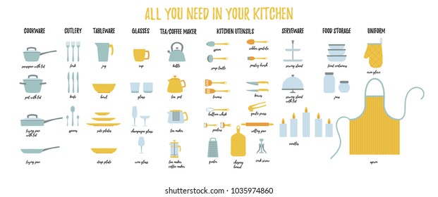 Vector kitchen tools set. Kitchenware collection in flat cartoon style. Dinnerware, tableware, utensils, cutlery. Modern flat design for web banners, web sites, printed materials, infographics. 