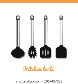Vector kitchen tools. Soup ladle, slotted turner, turner and pasta server.