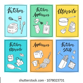 Vector kitchen utensils doodle icons card template set with cute letterings illustration