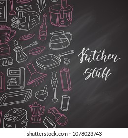 Vector kitchen utensils doodle icons on black chalkboard background with kitchen stuff lettering illustration