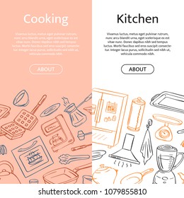 Vector kitchen utensils doodle icons vertical web banners illustration