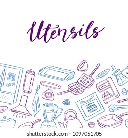 Vector kitchen utensils doodle icons background with place for text illustration