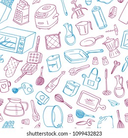 Vector kitchen utensils doodle icons background or pattern illustration. Kitchenware and home accessories elements