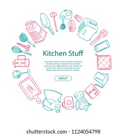 Vector kitchen utensils doodle icons in circle shape with place for text in center illustration. Isolated kitchen appliances objects. Kitchenware and home accessories elements