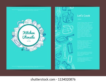 Vector kitchen utensils doodle icons card or brochure template illustration. Kitchen appliances objects. Kitchenware and home accessories elements