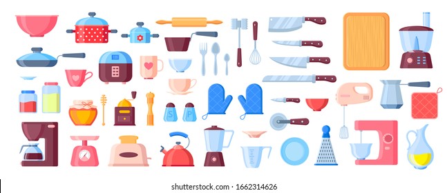 Vector kitchen utensils flat elements set. Kitchenware cooking objects with shadows and reflections icons. Frying pan, coffee machine, plates, kettle, ricecooker, toaster, jars illustration