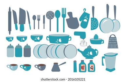 Vector kitchen utensils flat elements set. Kitchenware cooking objects with shadows and reflections icons. Frying pan, coffee machine, plates, kettle, ricecooker, toaster, jars illustration