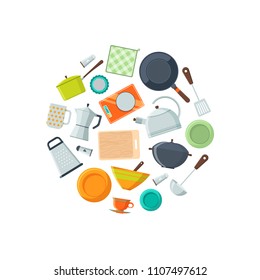 Vector kitchen utensils flat icons of set in circle shape illustration