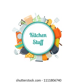 Vector kitchen utensils flat icons under circle with place for text illustration