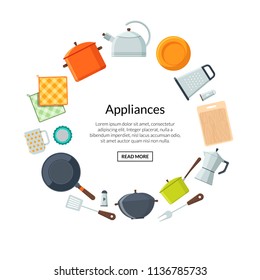 Vector kitchen utensils flat icons in circle form with place for text in center illustration