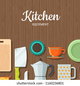 Vector kitchen utensils flat icons on wooden texture background with place for text illustration