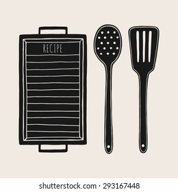 Vector kitchen utensils. Hand drawn cutting board, skimmer spoon and spatula.Cooking equipment 