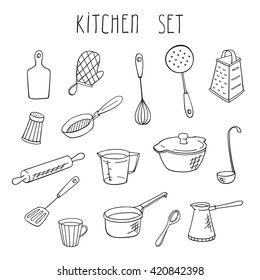 vector kitchen utensils hand drawn icons set