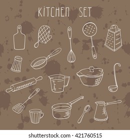 vector kitchen utensils hand drawn icons set