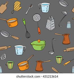 vector kitchen utensils hand drawn seamless pattern
