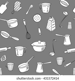 vector kitchen utensils hand drawn seamless pattern