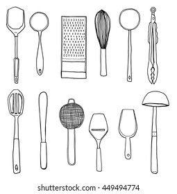vector kitchen utensils hand drawn cute line art illustration