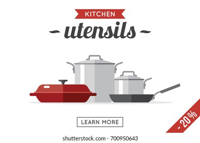 Vector kitchen utensils illustration. Banner template. Flat style.
