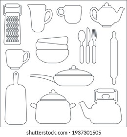 Vector kitchen utensils in line art style, set of cups, plates, teapot, cutting board, frying pan, pots, forks, spoons, knife for use on the website, in restaurants, postcards, print