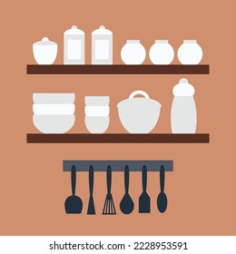 Utensilios de cocina vectorial en los estantes. Herramientas de cocina planas aisladas. Platos, tazones, botellas y olla