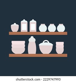 Vector kitchen utensils on shelves set. Flat style cooking tools isolated. Plates, bowls, bottles and pot