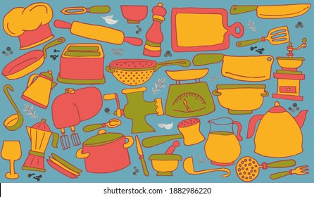 Vector kitchen utensils and spices. Crockery pattern.