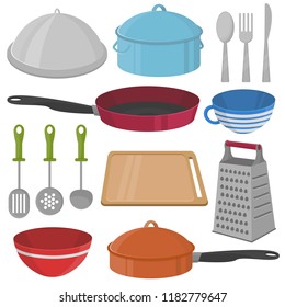 Vector Kitchenware and cooking equipment icon set - frying pan, cup, pan, bowl, board, etc
