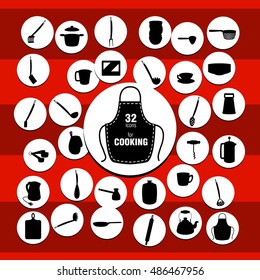 Vector kitchenware icons on the red background and white circles