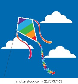 Vektorgrafik eines Drachen mit den Farben des Regenbogens auf einem blauen Himmel mit Wolken.