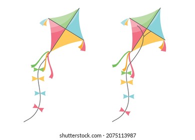 Ilustración de cometas vectoras aislada en fondo blanco. Coloridas posiciones delanteras y traseras del elemento de diseño plano de cometas. Festival Kite.