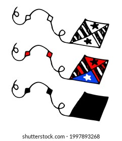 Vector kite in red and white stripes and stars. hand-drawn doodle-style kite in the shape of a diamond with a spiral rope for outdoor recreation isolated contour and silhouette in black on a white 