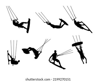 vector kitesurfing silhouettes water sports tricks. Black and white