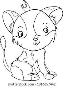 Vector kitten, cartoon cute happy white cat smiling. Character cat, line art, black and white drawing illustration for kids. Coloring Page for Children.Can be used for kids wear, card, nursery.