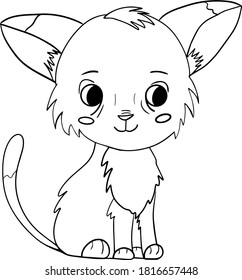 Vector kitten, cartoon cute happy white cat smiling. Character cat, line art, black and white drawing illustration for kids. Coloring Page for Children.Can be used for kids wear, card, nursery.