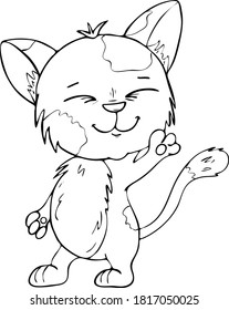 Vector kitten, cartoon cute happy white cat greeting and smiling. Character cat, line art, black and white drawing illustration for kids. Coloring Page for Children.