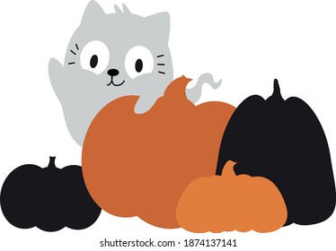 Vector kitten ghost on the pumpkin halloween illustration