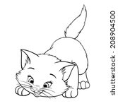 Vector kitten playing cartoon cute happy white cat smiling character cat line art coloring book black and white drawing illustration