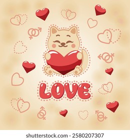 Vector with kittens and hearts on a beige, pink background. Love. Hearts, female and male sign. Valentine's Day