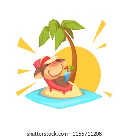 Vector kitty in hat and with drink lounging on sunbed on top of tropical beach with palm and sunshine