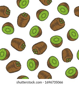 Vektorillustration Kiwi Frucht Gravur nahtlose Muster auf weißem Hintergrund. Vintage handgezeichnete Illustration für Menü, Werbung