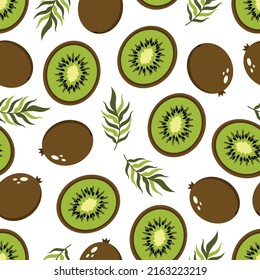 Vector kiwi fruit pattern with leaves on white background, summer fruits digital paper design