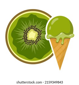 Vector kiwi ice cream in waffle cone isolated on white background. Dessert with kiwi flavor in flat style. Stock illustration.