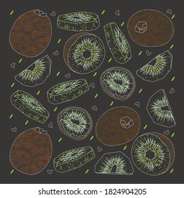 Vector kiwi. Kiwi illustration whole and cut into pieces in vintage style. Drawing with colored chalk on the background.