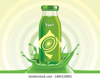 Vector kiwi juice, fruit glass bottle with drop splash