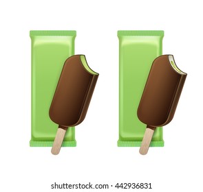 Vector Kiwi Pistachio Bitten Popsicle Choc-ice Lollipop Ice Cream in Chocolate Glaze on Stick with Filling with Green Plastic Foil Wrapper for Branding Package Design Close up Isolated on Background