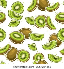 Vector Kiwi Seamless Pattern, square repeat background with illustration of kiwi fruit still life composition with grains for wrapping paper, group of flat lay sweet kiwi fruits on white background