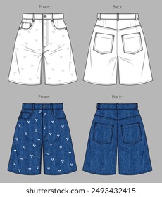 Vector knee-length short with sparkling rhinestones fashion CAD, denim woman short with hot fix sketch, template, flat, technical drawing. Woven cotton fabric 5-pocket bermuda short, front, back view