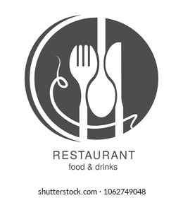 Vector knife, fork, spoon with spaghetti. Circular symbol for a restaurant menu marking a smiling human face, smiley.