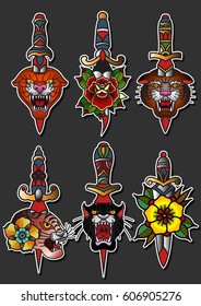 Vector Knife Set Traditional Tattoo Designs with Flowers and Tigers